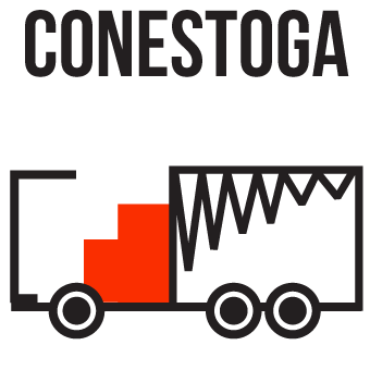 Black line icon illustration of conestoga style trailer for shipping freight. 